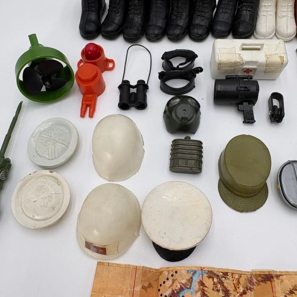 Vintage 1970s GI Joe Accessories Lot Hats Boots Weapons Map Gas Mask Replacement